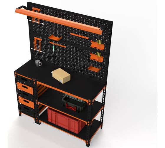 Верстак ООО Металекс Metalex серия SUN 950x1600x400 (с бок. тумбой, 2-мя панелями и комплектом освещения) оранжево-чёрный / 111454