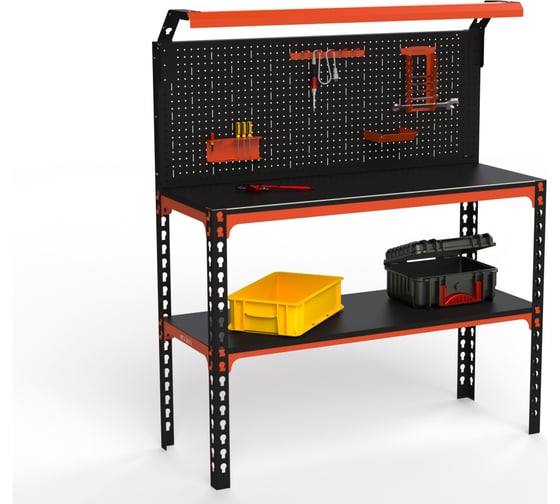 Верстак ООО Металекс серия SUN 950x1100x600 мм, одна полка + перфопанель с комплектом освещения, оранжево-чёрный 111563 1
