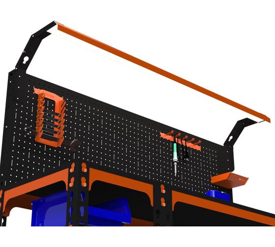 Верстак ООО Металекс серия SUN 950x1600x600 мм, с боковыми полками, перфопанелью и комп. освещения, оранжево-чёрный 111409