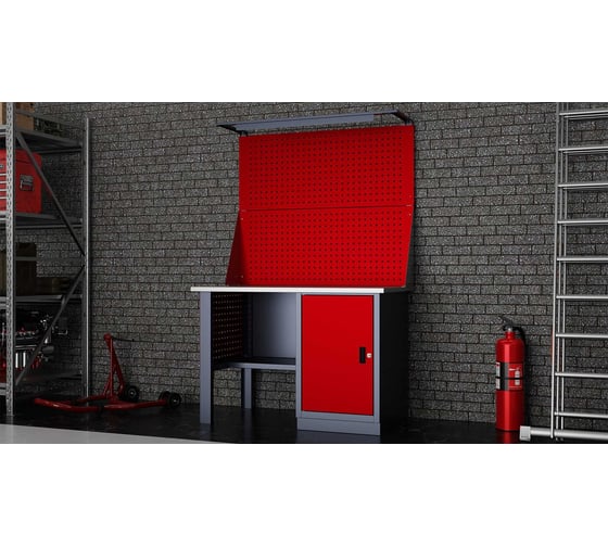 Слесарный однотумбовый верстак IRONMEBEL Worky WK-0 1200 с двойным экраном, освещением и перфопанелями на опорах M-IM00114K
