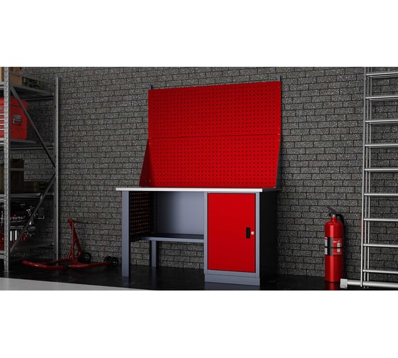 Слесарный однотумбовый верстак IRONMEBEL Worky WK-0 1400 с двойным экраном и перфопанелями на опорах M-IM00129K