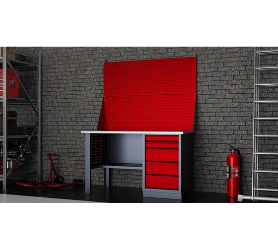 Слесарный однотумбовый верстак IRONMEBEL Worky WK-5 1400 с двойным экраном и перфопанелями на опорах M-IM00137K