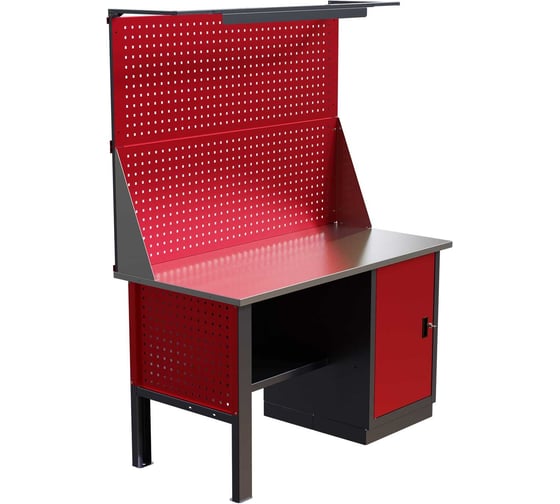 Слесарный однотумбовый верстак IRONMEBEL Worky WK-0 1400 с двойным экраном, освещением и перфопанелями на опорах M-IM00130K