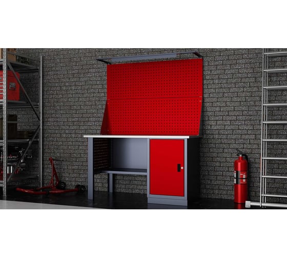 Слесарный однотумбовый верстак IRONMEBEL Worky WK-0 1400 с двойным экраном, освещением и перфопанелями на опорах M-IM00130K