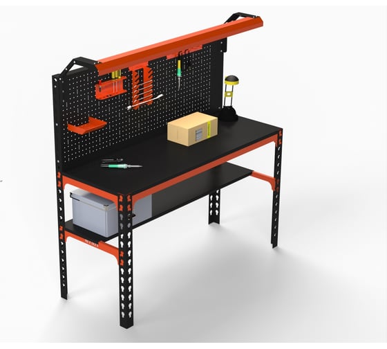 Стол металлический ООО Металекс Metalex SUN 750x1200x600, одна полка, перфопанель с комплектом освещения, оранжево-черный 112069