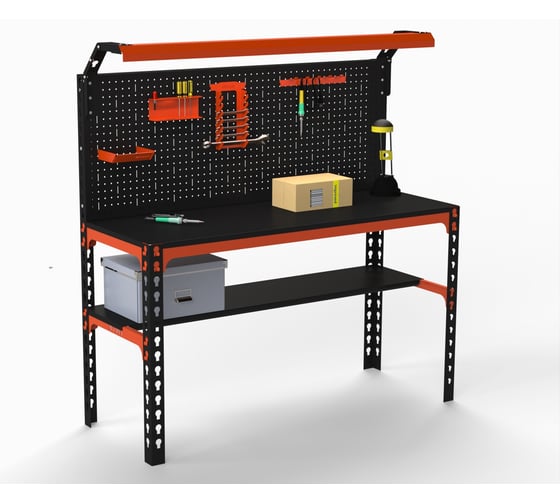 Стол металлический ООО Металекс Metalex SUN 750x1000x600, одна полка, перфопанель с комплектом освещения, оранжево-черный 112067 1