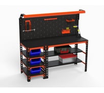 Металлический стол ООО Металекс серия SUN 750x1200x400 мм, с боковыми полками, перфопанелью и комплектом освещения, оранжево-чёрный 112091