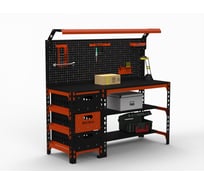 Металлический стол ООО Металекс серия SUN 750x1200x600 мм, с выдвижными ящиками, перфопанелью и комплектом освещения, оранжево-чёрный 112106