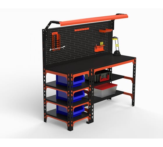 Металлический стол ООО Металекс серия SUN 750x1600x600 мм, с боковыми полками, перфопанелью и комплектом освещения, оранжево-чёрный 112099 1