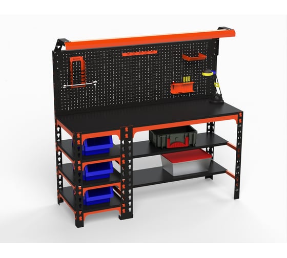 Металлический стол ООО Металекс серия SUN 750x1600x400 мм, с боковыми полками, перфопанелью и комплектом освещения, оранжево-чёрный 112093 1