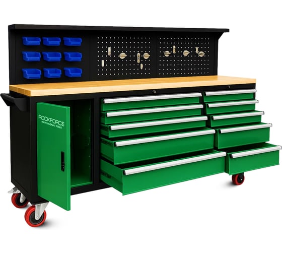 Передвижной металлический верстак Rockforce 485x1480x2130 мм, перфорация 530x2130 мм, деревянная столешница 40x485x2130 мм, шкаф одностворчатый 460x590x680 мм RF-01Y0109(46744)