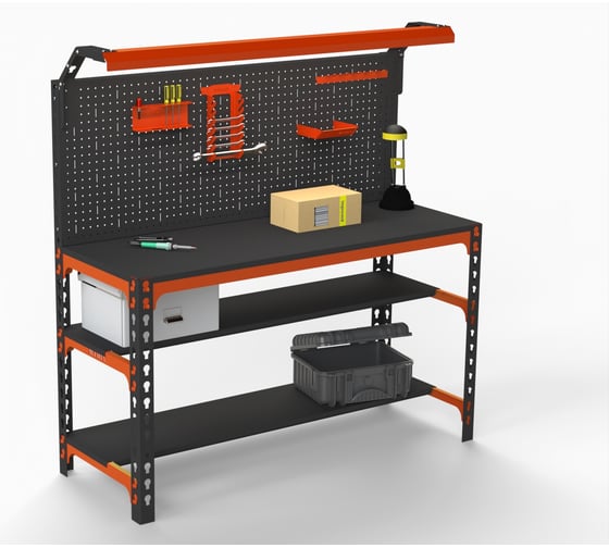 Металлический стол ООО Металекс Metalex SUN 750x1500x500, 2-е полки, перфопанель с комплектом освещения, оранжево-черный 112084 1