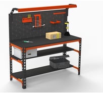 Металлический стол ООО Металекс Metalex SUN 750x1300x500, 2-е полки, перфопанель с компектом освещения, оранжево-черный 112082