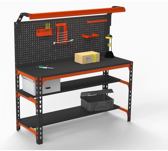 Металлический стол ООО Металекс Metalex SUN 750x1300x400, 2-е полки, перфопанель с комплектом освещения, оранжево-чнрный 112076 1