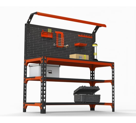 Металлический стол ООО Металекс Metalex SUN 750x1200x500, 2-е полки, перфопанель с комплектом освещения, оранжево-черный 112081