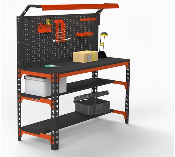 Металлический стол ООО Металекс Metalex SUN 750x1400x600, 2-е полки, перфопанель с комплектом освещения, оранжево-черный 112089