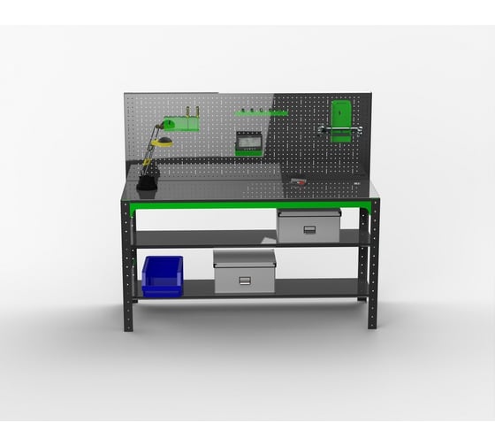 Металлический стол ООО Металекс серия KIT 750x1400x500 мм, две полки, перфопанель с комплектом аксессуаров 201065
