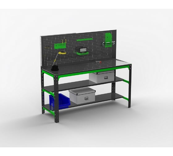 Металлический стол ООО Металекс серия KIT 750x1500x500 мм, две полки, перфопанель с комплектом аксессуаров 201066