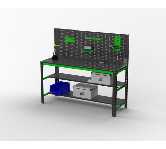 Металлический стол ООО Металекс серия KIT 750x1500x500 мм, две полки, перфопанель с комплектом аксессуаров 201066