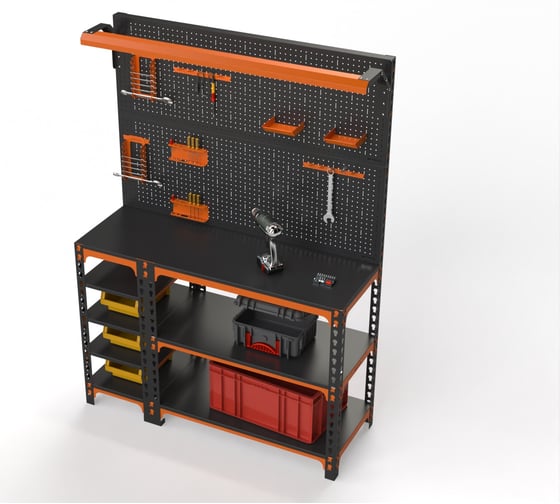 Верстак ООО Металекс Metalex серия SUN 950x1400x400, с боковыми полками, 2-мя панелями и комплектом освещения, оранжево-черный 111416