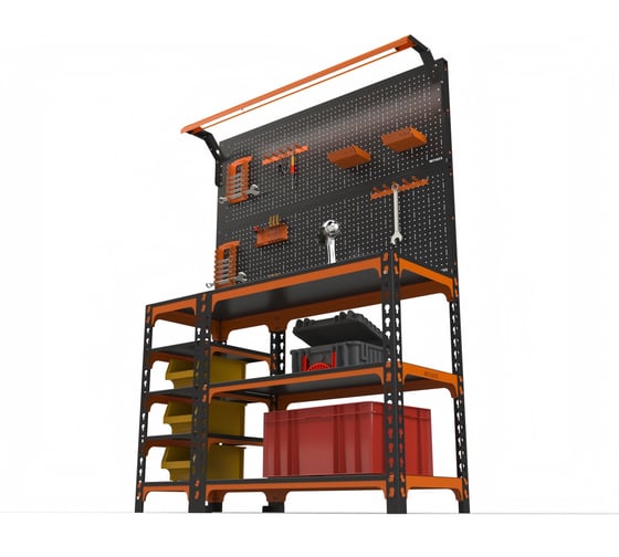Верстак ООО Металекс Metalex серия SUN 950x1400x400, с боковыми полками, 2-мя панелями и комплектом освещения, оранжево-черный 111416