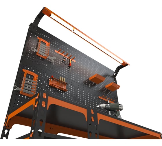 Верстак ООО Металекс Metalex серия SUN 950x1400x400, с боковыми полками, 2-мя панелями и комплектом освещения, оранжево-черный 111416