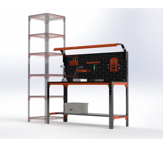 Стол металлический ООО Металекс серия KIT 750x1300x600 мм, одна полка + перфопанель с комплектом освещения, ОЧ 201286