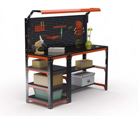 Стол металлический ООО Металекс серия KIT 750x1200x500 мм, с бок. полками, перфопанелью и комплектом освещения, ОЧ 201310 1