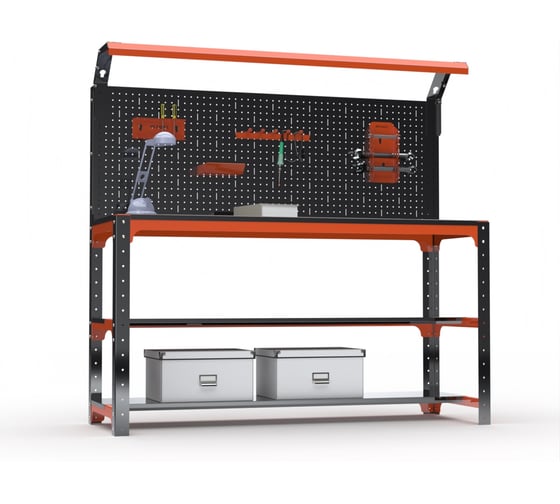 Стол металлический ООО Металекс серия KIT 750x1300x600 мм, 2-е полки + перфопанель с комплектом освещения, ОЧ 201304