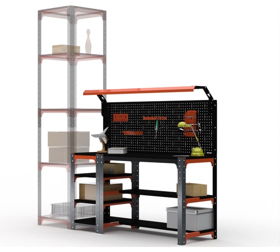 Стол металлический ООО Металекс серия KIT 750x1200x400 мм, с бок. полками, перфопанелью и комплектом освещения, ОЧ 201307