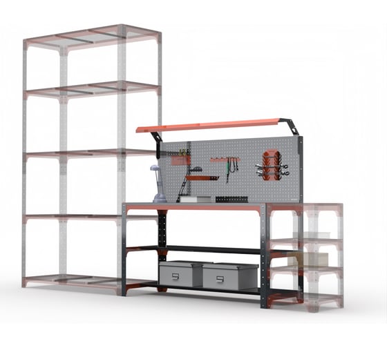 Стол металлический ООО Металекс серия KIT 750x1200x600 мм, 2-е полки + перфопанель с комплектом освещения, ОЧ 201303