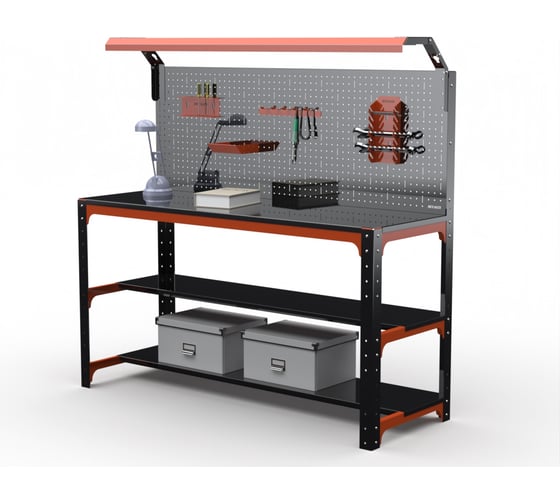 Стол металлический ООО Металекс серия KIT 750x1300x400 мм, 2-е полки + перфопанель с комплектом освещения, ОЧ 201292