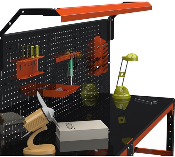 Стол металлический ООО Металекс серия KIT 750x1400x400 мм, с бок. полками, перфопанелью и комплектом освещения, ОЧ 201308