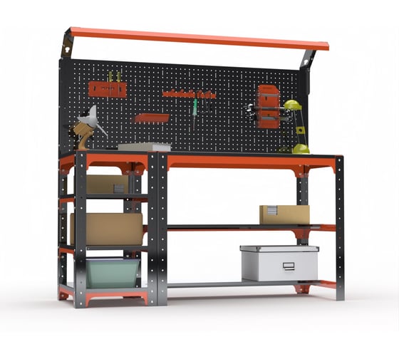 Стол металлический ООО Металекс серия KIT 750x1400x400 мм, с бок. полками, перфопанелью и комплектом освещения, ОЧ 201308