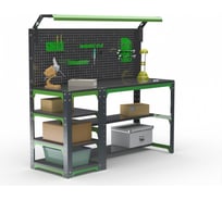 Стол металлический ООО Металекс серия KIT 750x1600x500 мм, с бок. полками, перфопанелью и комплектом освещения 201150