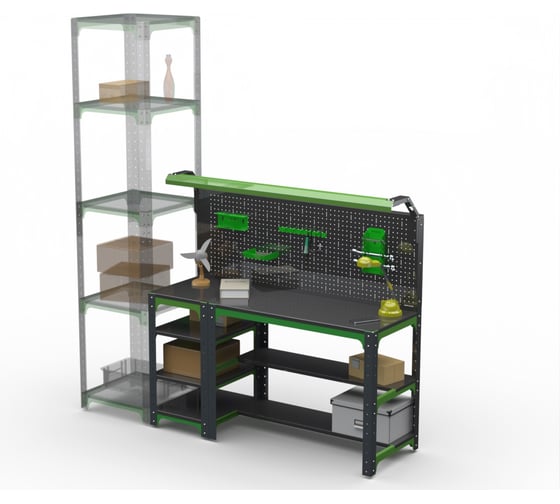 Стол металлический ООО Металекс серия KIT 750x1600x500 мм, с бок. полками, перфопанелью и комплектом освещения 201150