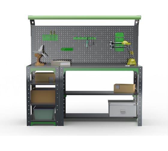 Стол металлический ООО Металекс серия KIT 750x1600x500 мм, с бок. полками, перфопанелью и комплектом освещения 201150