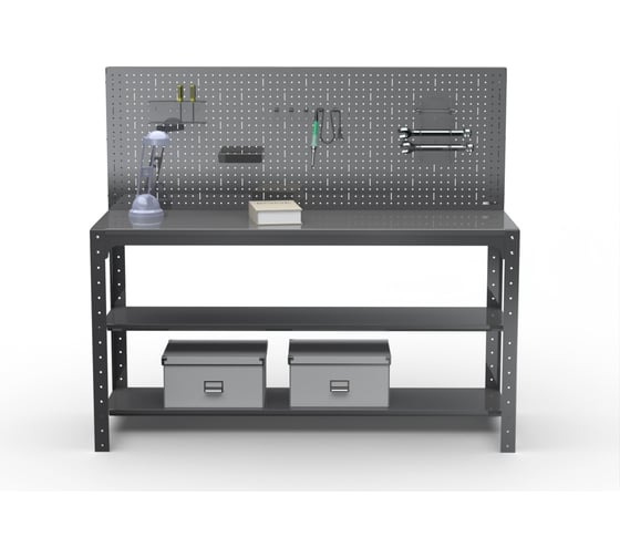 Стол металлический ООО Металекс серия KIT 750х1500х600 мм, мм, две полки мм, перфопанель с комплектом аксессуаров, серый 201396