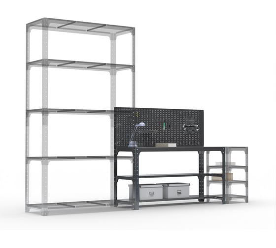 Стол металлический ООО Металекс серия KIT 750х1500х600 мм, мм, две полки мм, перфопанель с комплектом аксессуаров, серый 201396