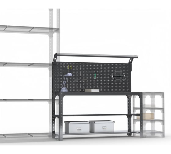 Стол металлический ООО Металекс серия KIT 750х1500х600 мм, 2-е полки мм, перфопанель с комплектом освещения, серый 201468