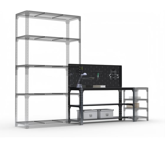 Стол металлический ООО Металекс серия KIT 750х1300х600 мм, мм, две полки мм, перфопанель с комплектом аксессуаров, черный 201556