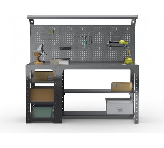 Стол металлический ООО Металекс серия KIT 750х1600х500 мм, с боковыми полками, перфопанелью и комплектом освещения, серый 201474