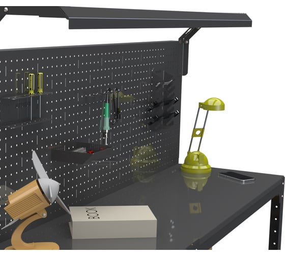 Стол металлический ООО Металекс серия KIT 750х1600х500 мм, с боковыми полками, перфопанелью и комплектом освещения, серый 201474