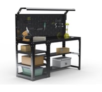 Стол металлический ООО Металекс серия KIT 750х1600х600 мм, с боковыми полками, перфопанелью и комплектом освещения, черный 201639