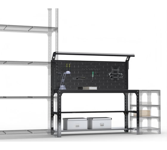 Стол металлический ООО Металекс серия KIT 750х1300х600 мм, 2-е полки мм, перфопанель с комплектом освещения, черный 201628