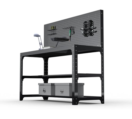 Стол металлический ООО Металекс серия KIT 750x1000x400 мм, две полки мм, перфопанель с комплектом аксессуаров, черный 201541
