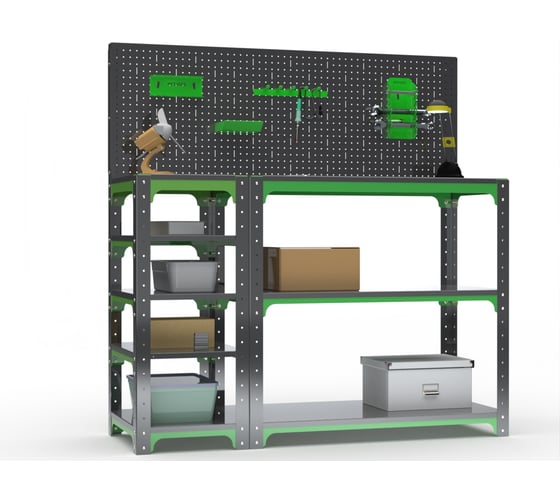 Стол-верстак ООО Металекс Metalex серия KIT 950х1100х500 с боковыми полками, перфопанелью и комплектом аксессуаров, серо-зеленый 204092 1