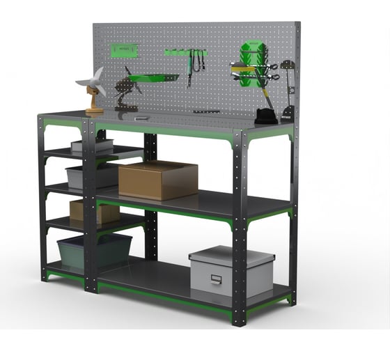 Стол-верстак ООО Металекс Metalex серия KIT 950х1700х400 с боковыми полками, перфопанелью и комплектом аксессуаров, серо-зеленый 204089