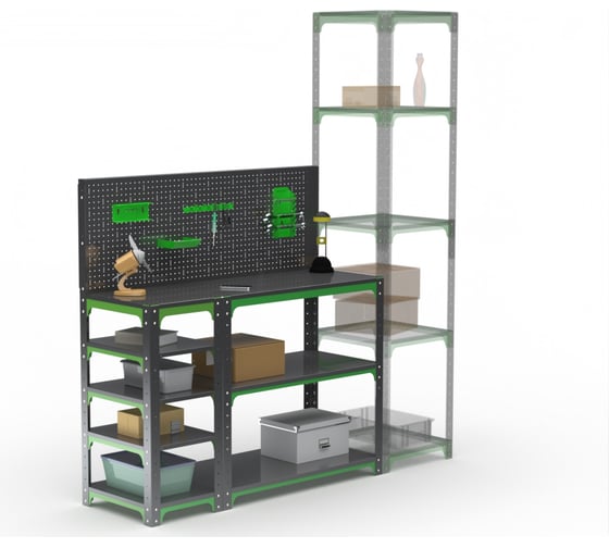 Стол-верстак ООО Металекс Metalex серия KIT 950х1200х600 с боковыми полками, перфопанелью и комплектом аксессуаров, серо-зеленый 204102
