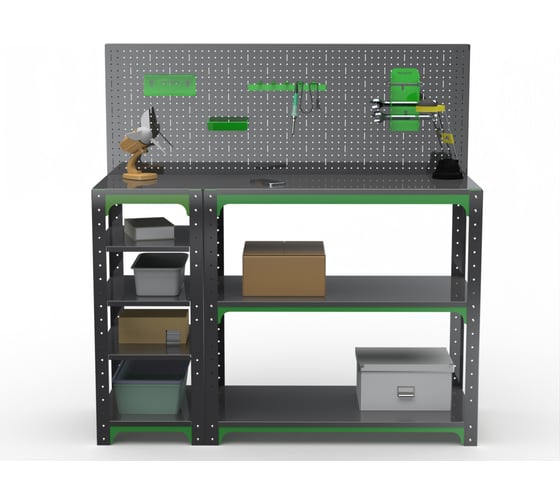 Стол-верстак ООО Металекс Metalex серия KIT 950х1400х400 с боковыми полками, перфопанелью и комплектом аксессуаров, серо-зеленый 204086
